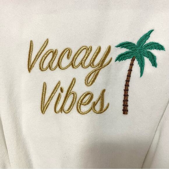 Pillow Talk White Gold Vacay Vibes Embroidered Tropical Waist Wrap Mini Robe M - Picture 6 of 8